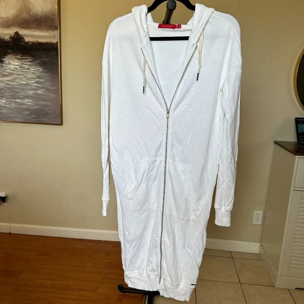 N philantrophy white hooded long zip up oversized distressed hem size XS